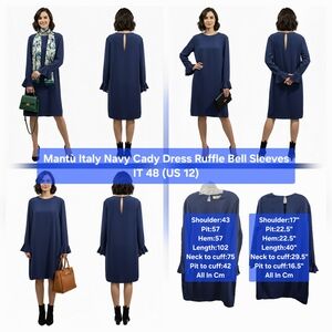 Mantù Italy Navy Cady Dress Ruffle Bell Sleeves  Size IT 48 (US 12)